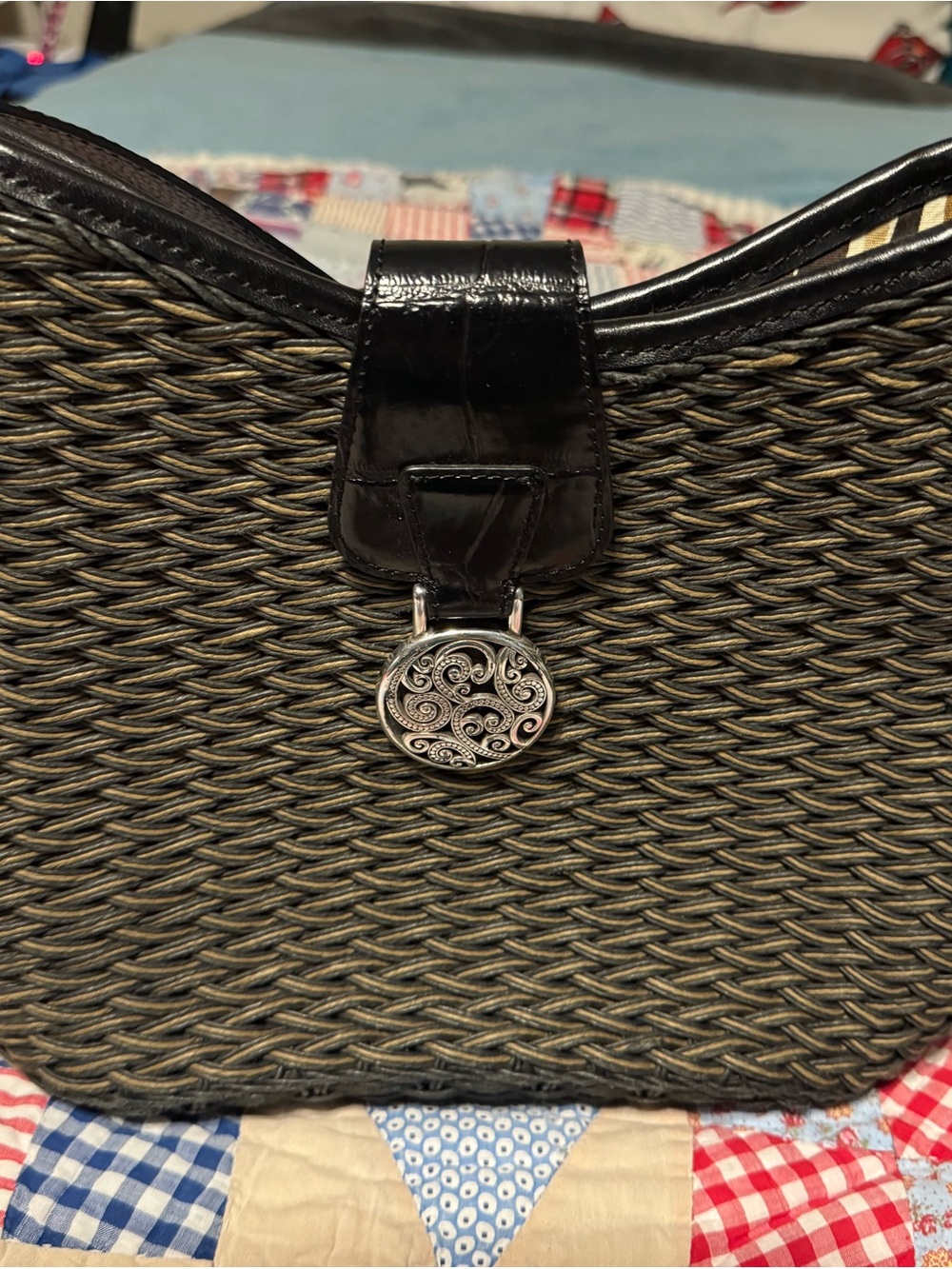 Brighton Black and Natural Woven Shoulder Bag with Silver Medallion